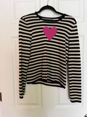 Saks Fifth Avenue Black & Cream Striped Sweater with Pink Heart Motif